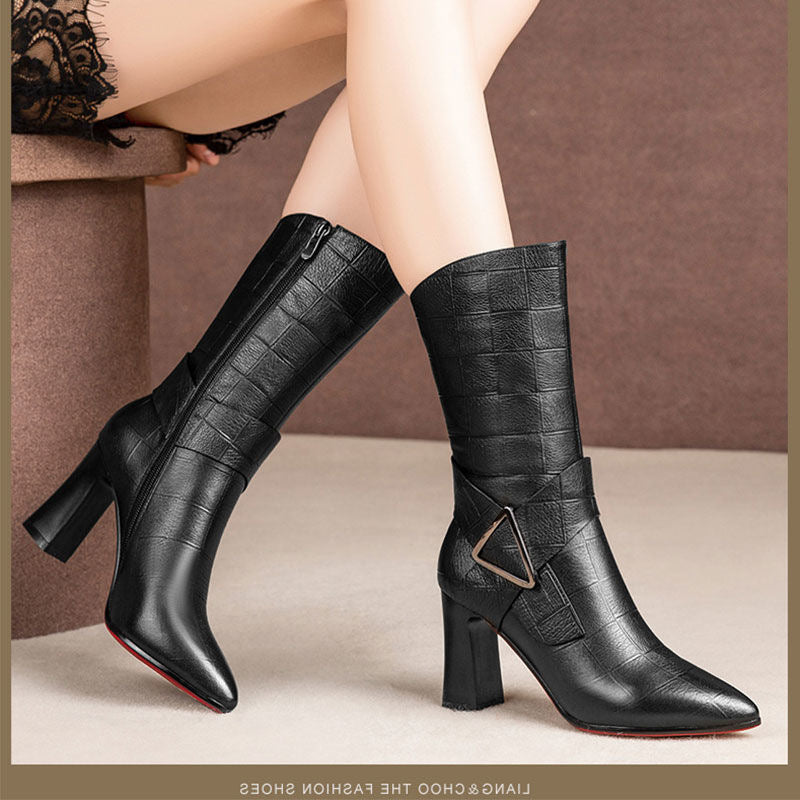 High Heeled Pointed Middle Tube Thick Heeled Plush Boots