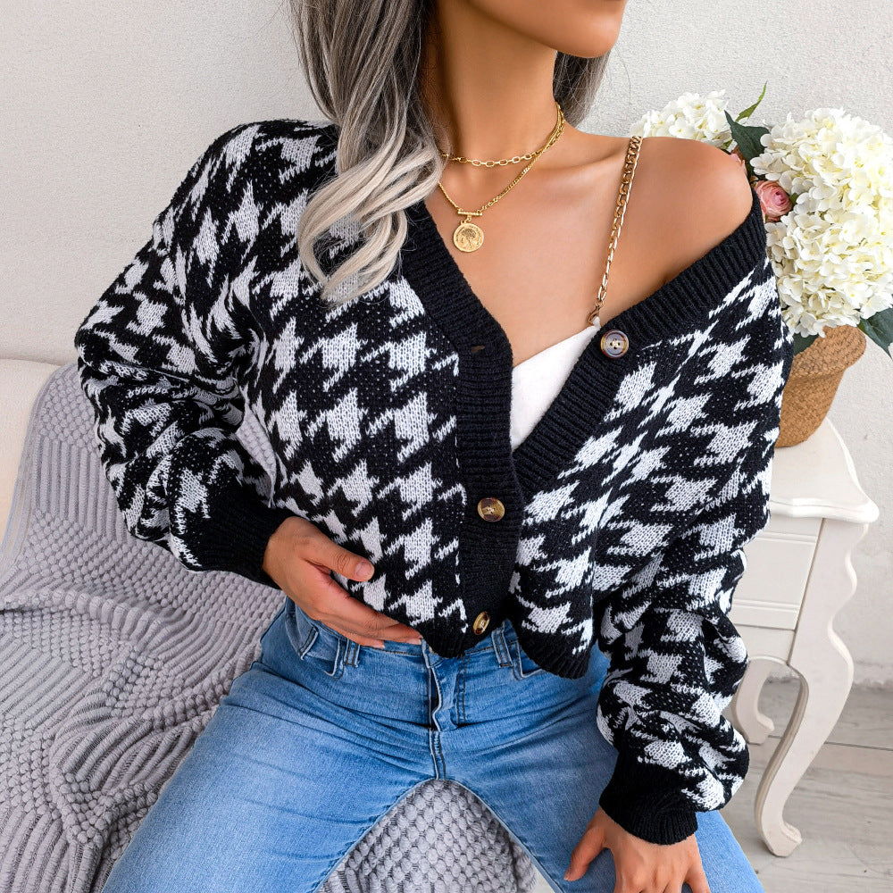 Ins Casual Lantern Long Sleeve Thousand Bird Check Cardigan Sweater