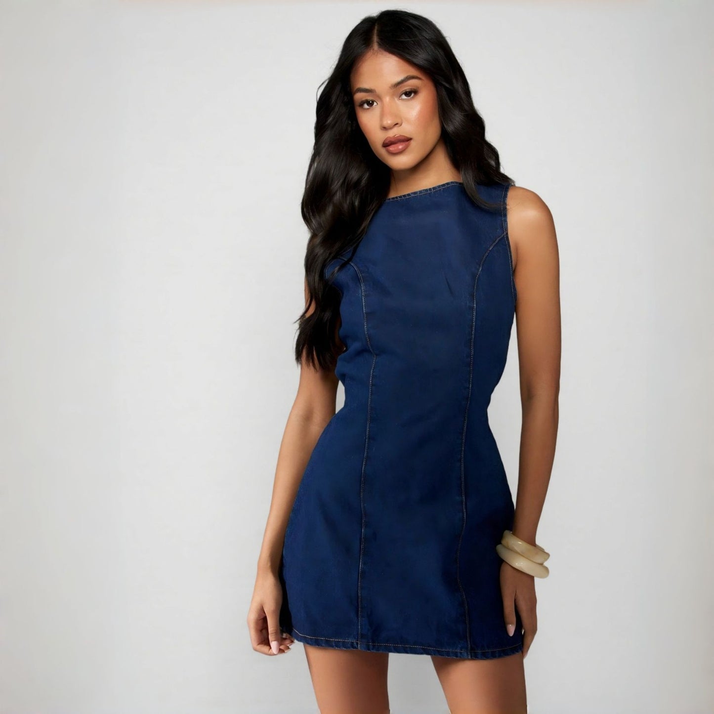Solid-Color Slimming Three-Color Long-Zip Denim Dress