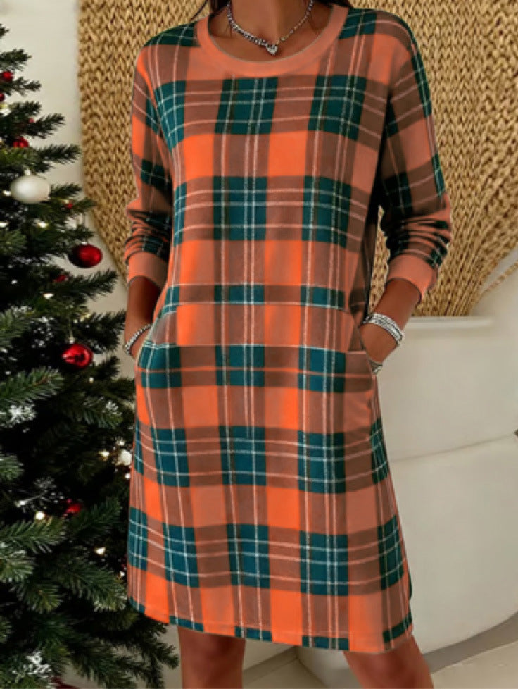 Womens Retro Plaid Crew-Neck Long-Sleeve Dress