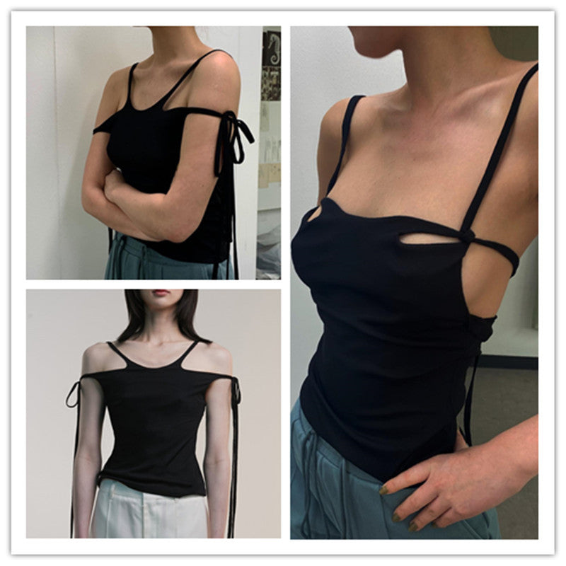One-shoulder Trendy Lace-up Slim Fit Sleeveless Vest