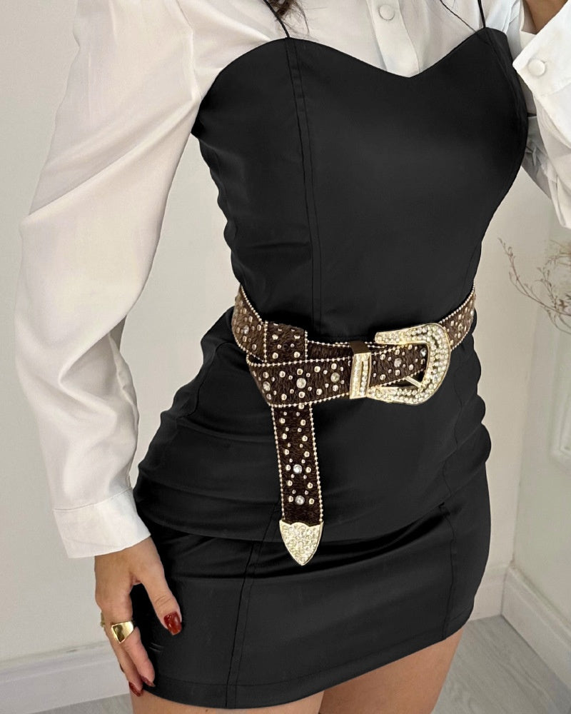 Sling PU Leather Skirt Short Shirt Outfit