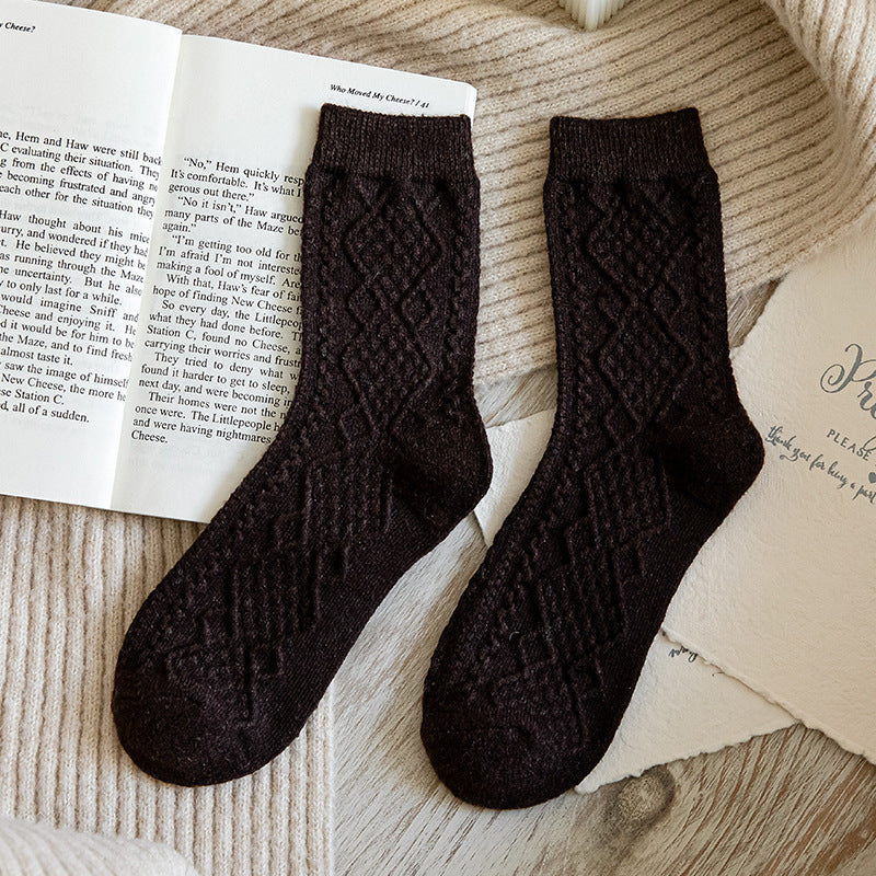 Female Solid Color Peplum Simple Wind Japanese Retro Autumn And Winter Dark Pattern Diamond Plaid Medium Tube Mori System Socks