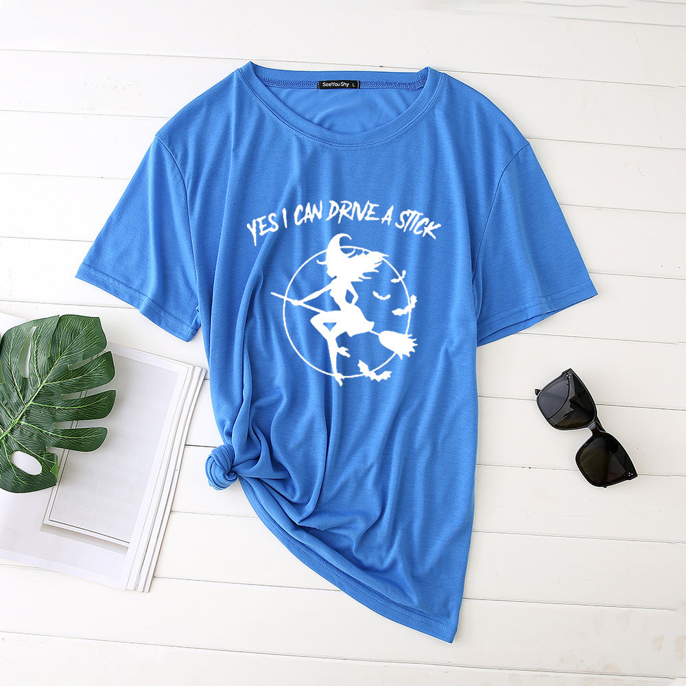 Flying Witch Print Crew Neck Short Sleeve T-Shirt