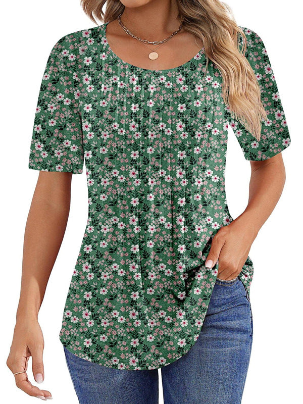 Round Neck Pleated Printed T-shirt