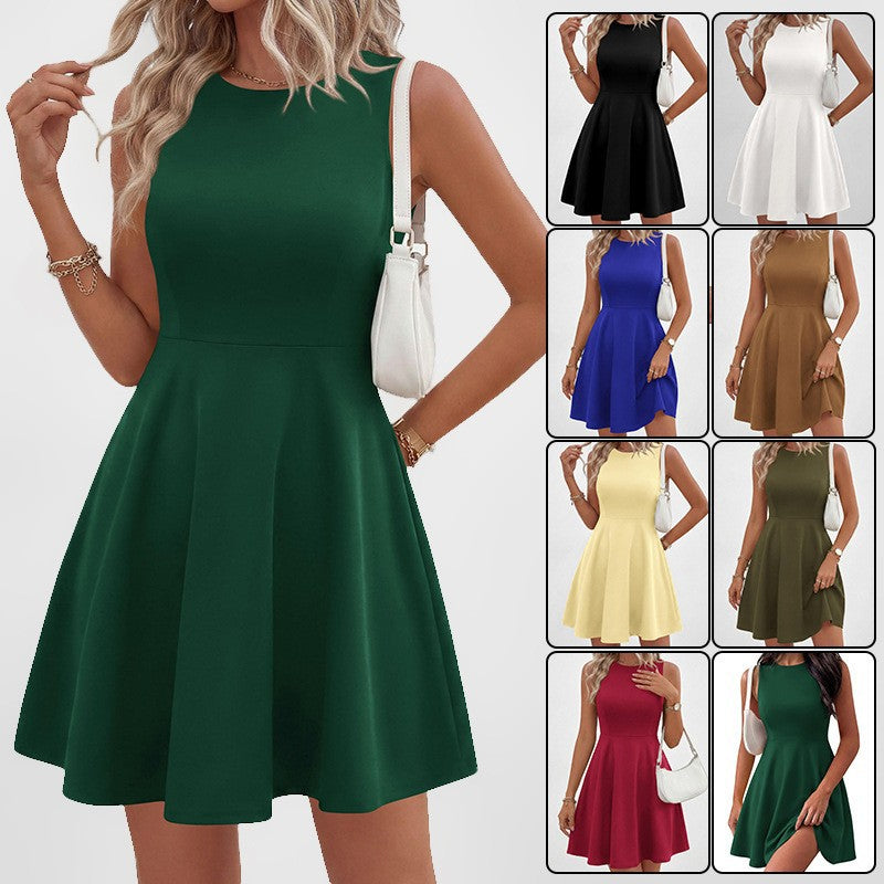 Womens Sleeveless Crew-Neck Slimming Office Dress