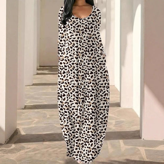 Womens Solid-Color Crew-Neck Long-Sleeve Dress With Pockets