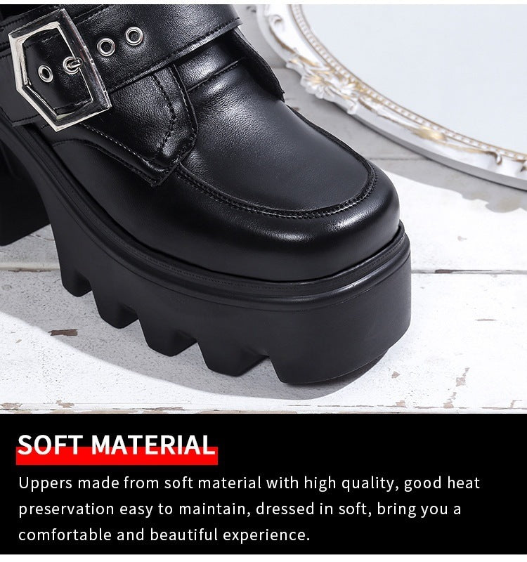 European And American Chunky Heel Platform Women's Belt Buckle Chain Fashion Boots