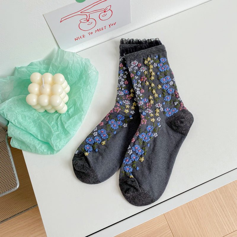 Ethnic Style Retro Embossed Jacquard Mid Tube Cotton Women's Socks
