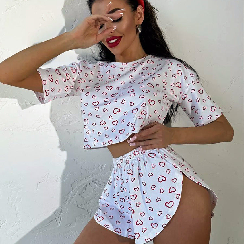 Comfortable Heart-Print Knitted Short-Sleeve Top And Shorts Set