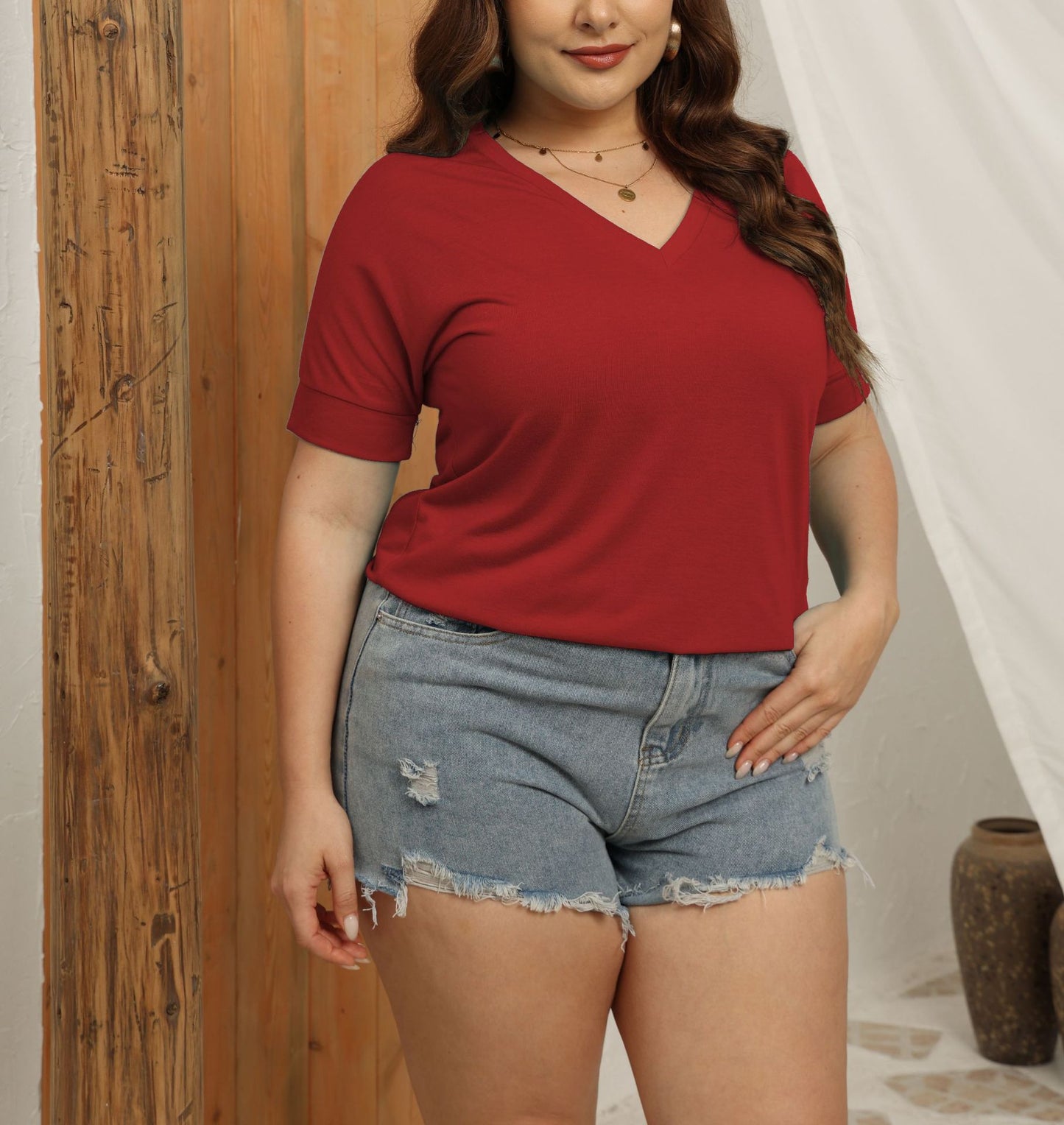V-neck Solid Color Short-sleeved Shirt Loose