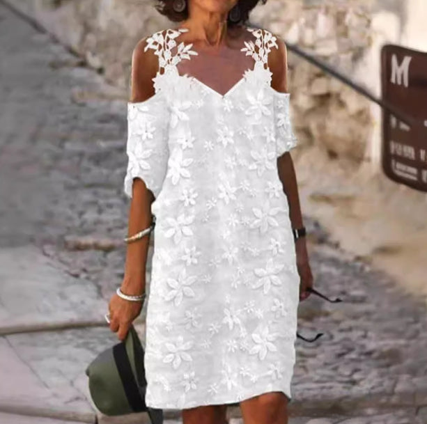 Womens V-Neck Lace Slip Dress With Patchwork Embroidery