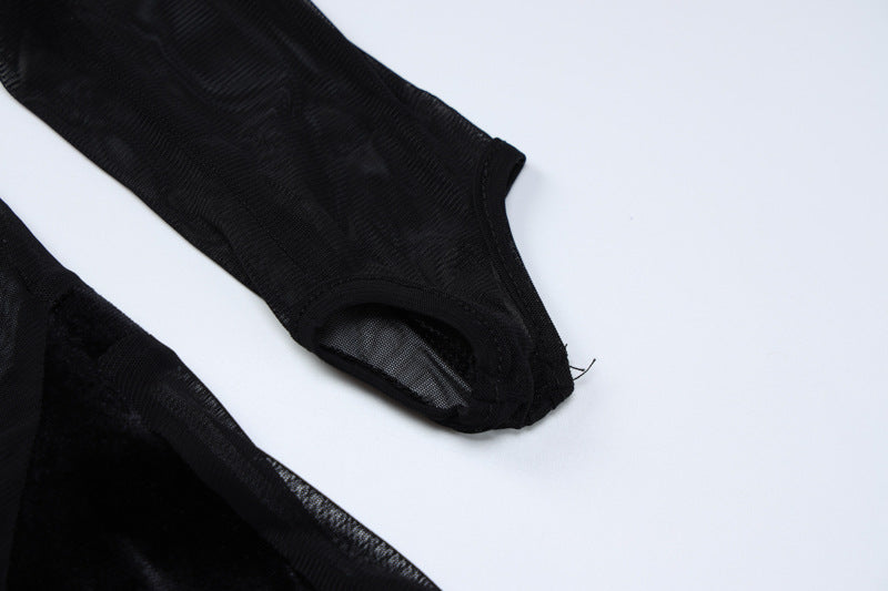 Women's Fashion Mesh See-through Stitching Tight Jumpsuit