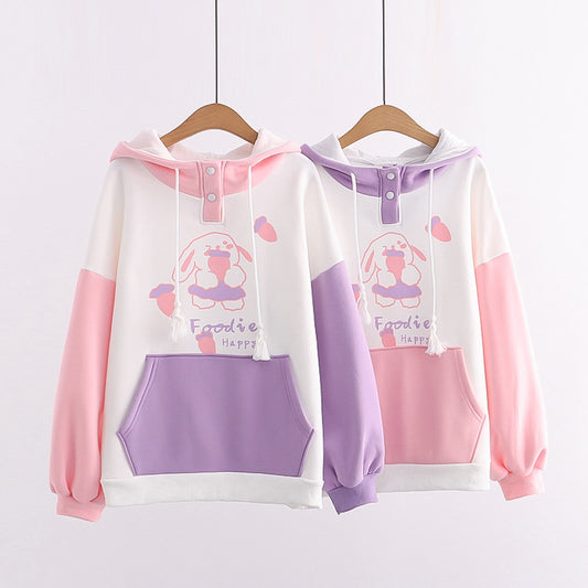 Women's Colorblock Large Pocket Print Hooded Fleece Sweatshirt