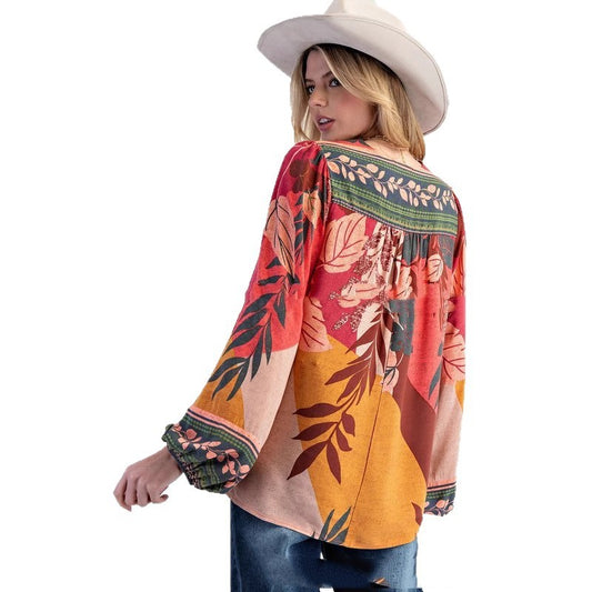 V-neck Long Sleeve Shirt Loose Pullover Top