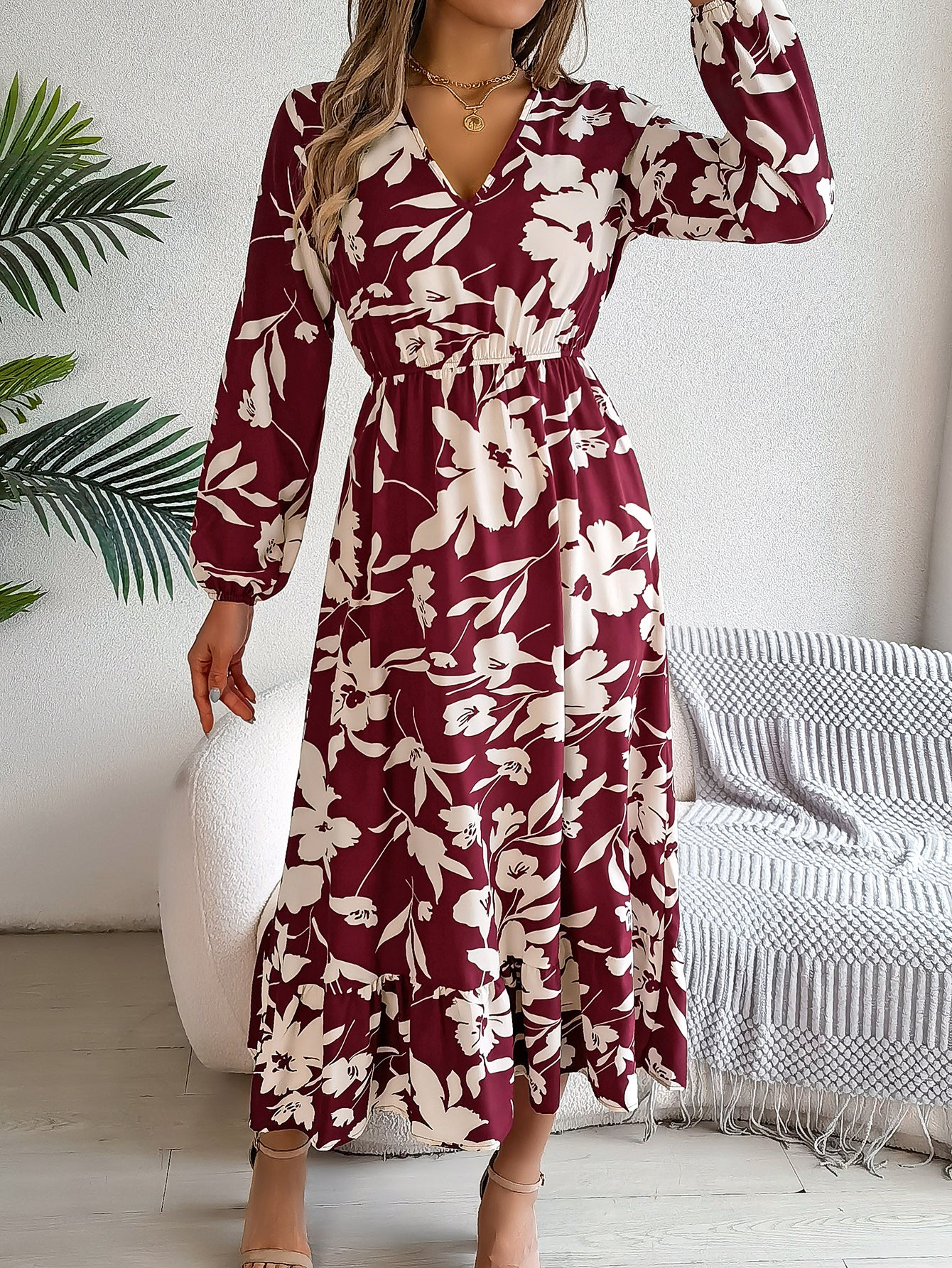 Dame Casual Blomstret Slå Om-kjole Med Lange Ærmer Og Flæser