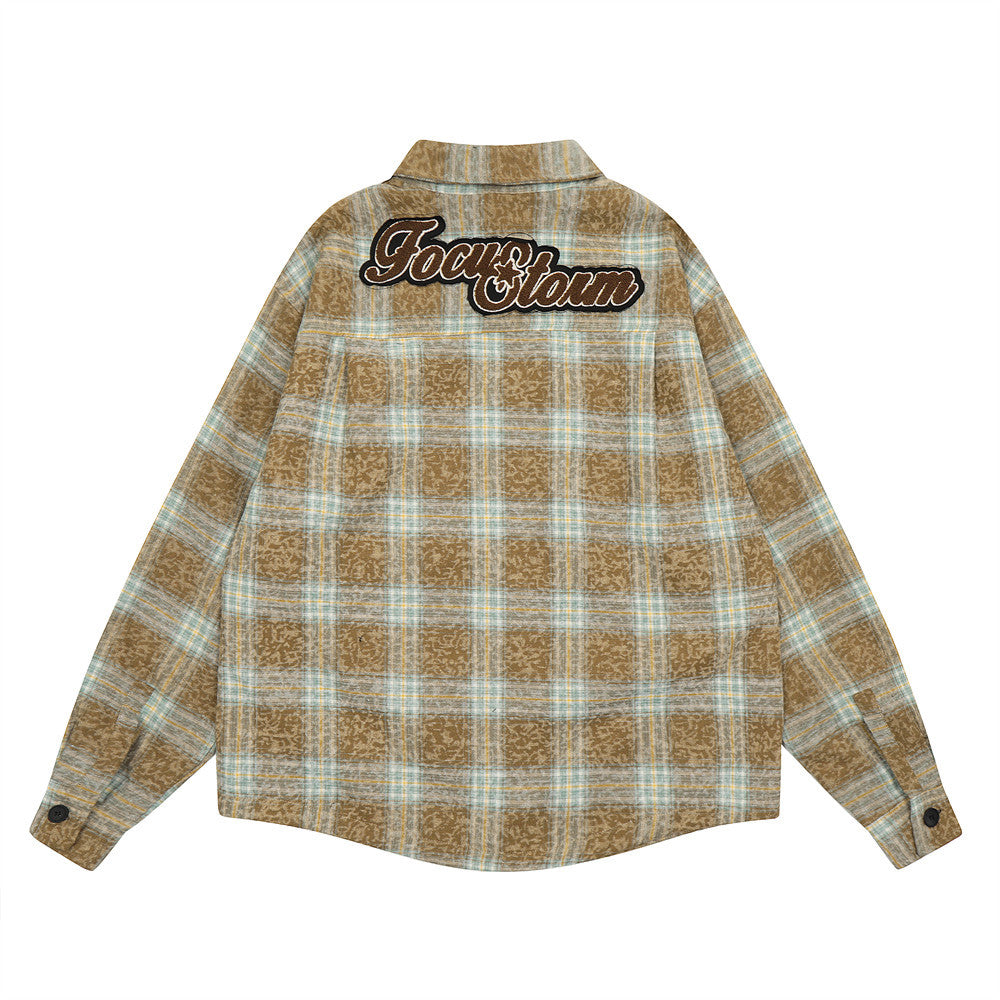 Washed And Worn Plaid Jacket Shirt For Men