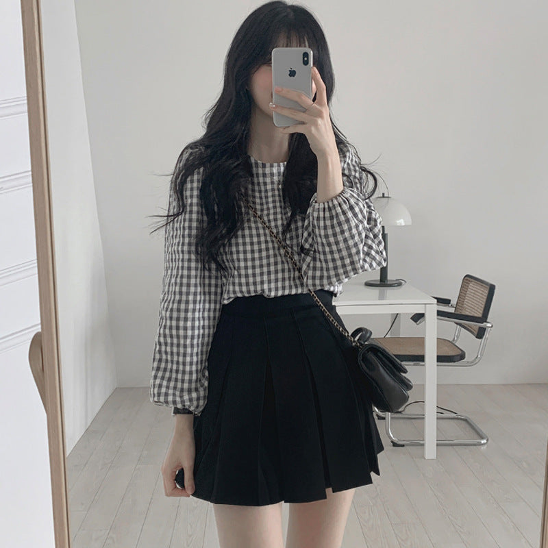 Plaid Women's Long-sleeve Top Early Autumn Arrival Crew Neck