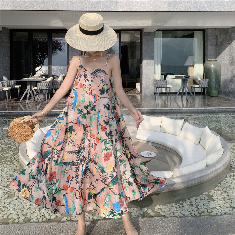 V-neck Retro Colored Suspender Dress For Women