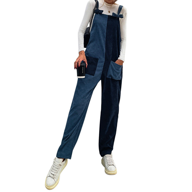Two-color Stitching Casual Symmetrical Straps Long Ladies Jumpsuit