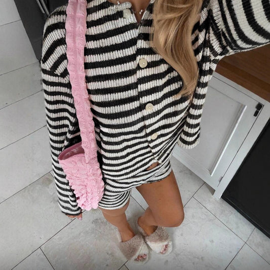 Womens Fashionable, Slim-Fit Striped Cropped Cardigan And Shorts Set
