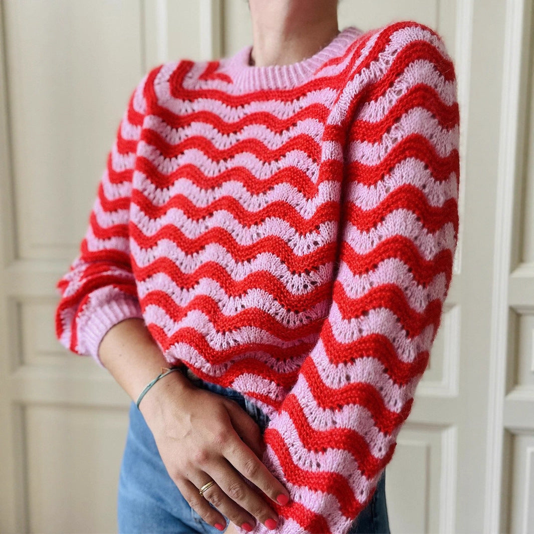 Round Neck Wave Striped Fashion Casual Women's Sweater