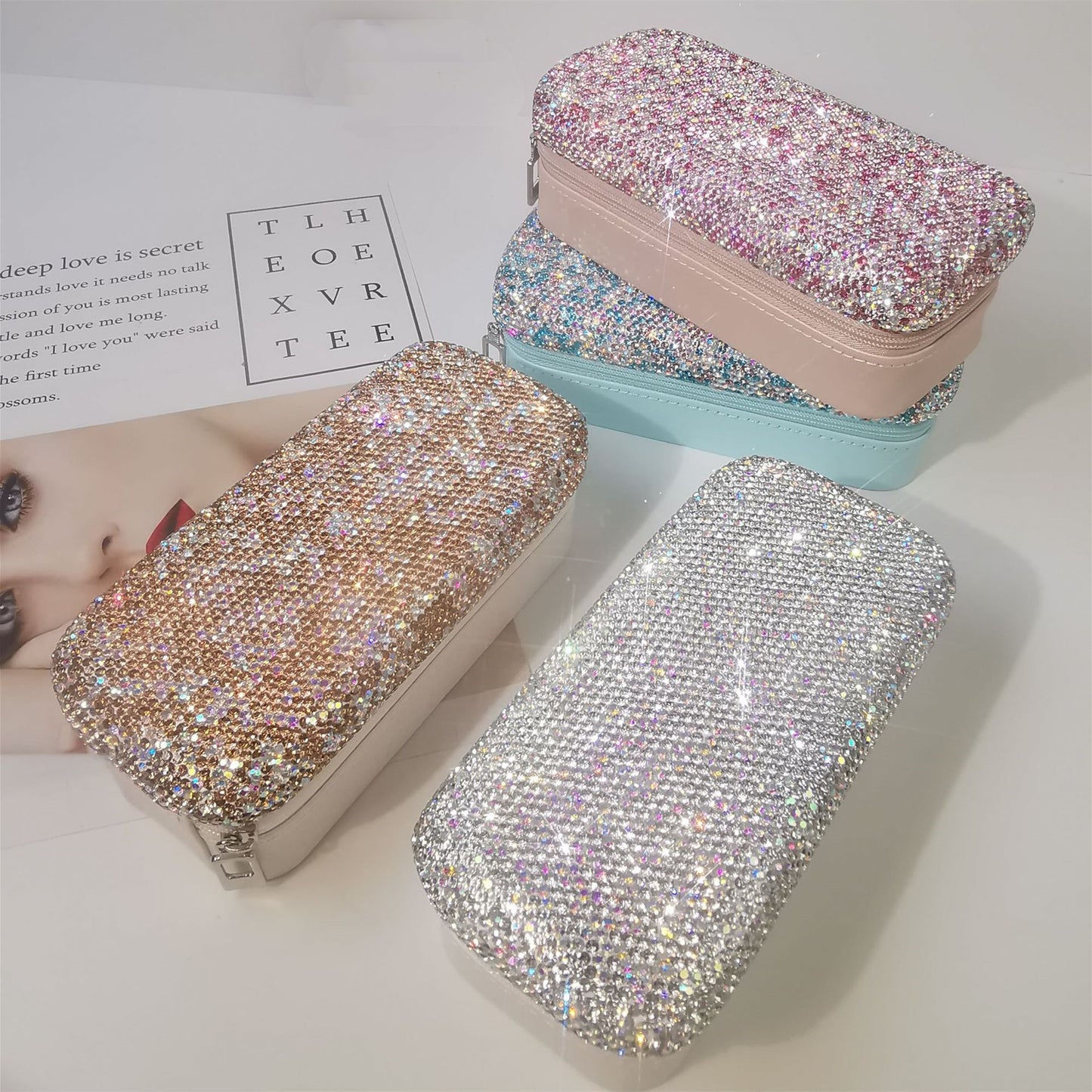 High-grade Rhinestone Portable Candy Color Rectangular Jewelry Box