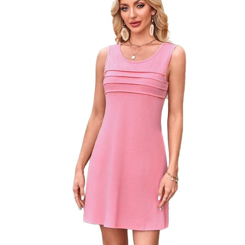 Casual Crew-Neck Pleated Sleeveless Printed Pocket Dress