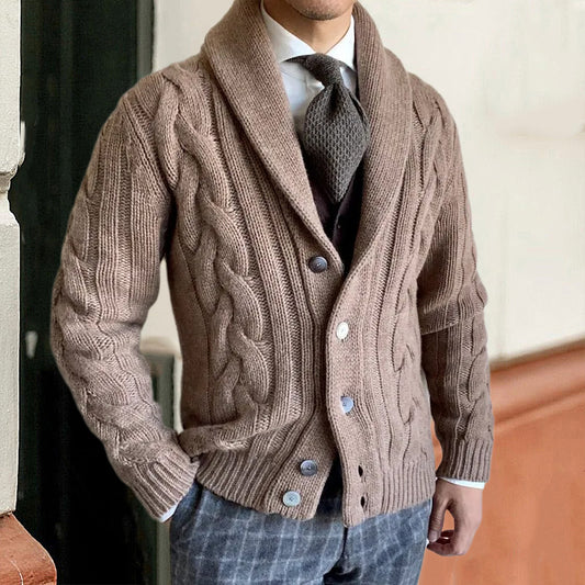 High-neck Twisted Knit Long Sleeve Sweater Coat For Men