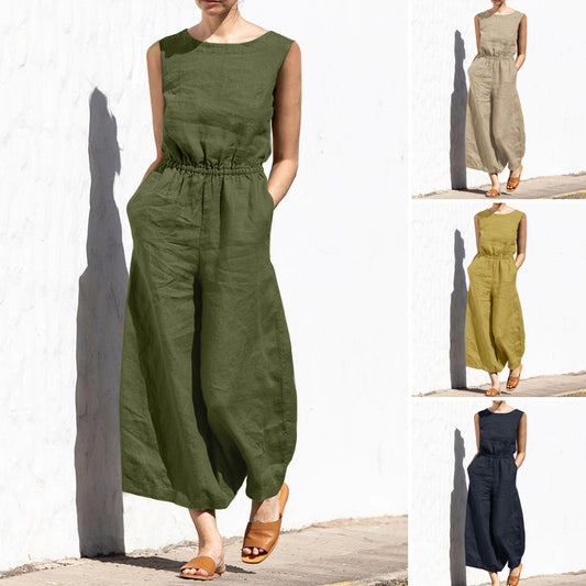 Summer Solid Color High Waist Sleeveless Trousers Women's Loose Type Temperament Jumpsuit