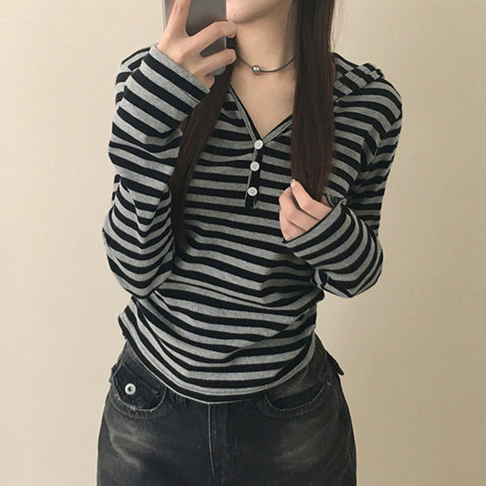 Retro Contrast Color Stripe Knitted T-shirt Women's New Top