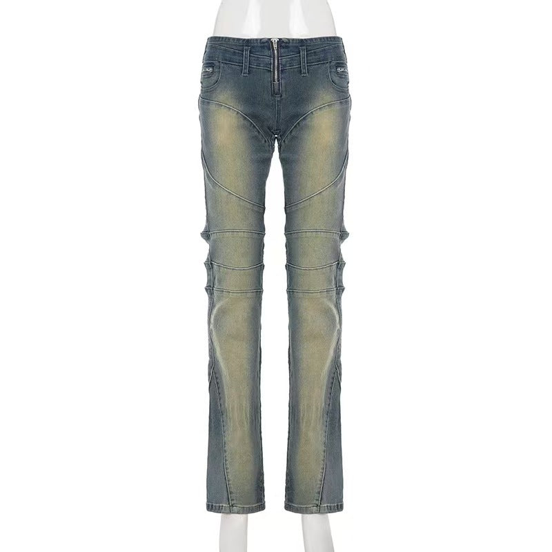 Heavy-duty High-street-style Patchwork Split-design Long Denim Jeans