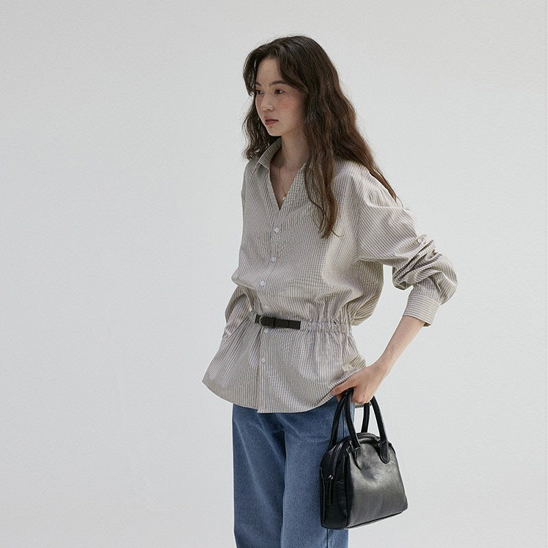 V-neck Waist-cinching Striped Loose Shirt For Women