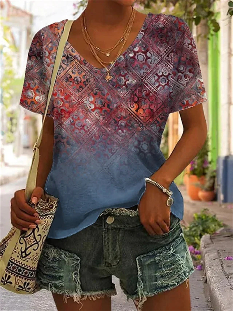 Women's Geometric Pattern Printed Short-sleeved V-neck Casual T-shirt