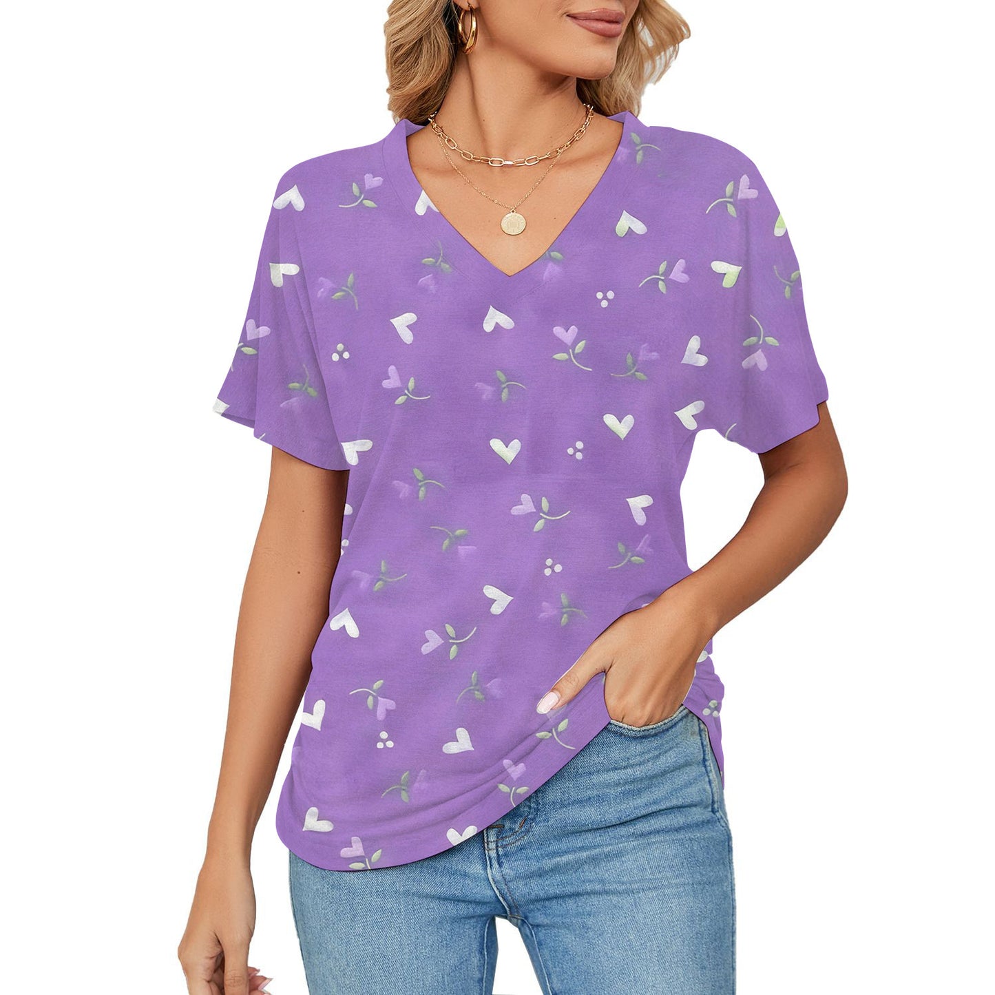 Women's T-shirt, Natural Plant And Floral Print, Casual V-neck Short Sleeves
