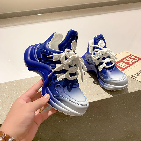 Height-enhancing Sponge Cake Thick-soled Breathable Color-blocking Bow Sports Shoes