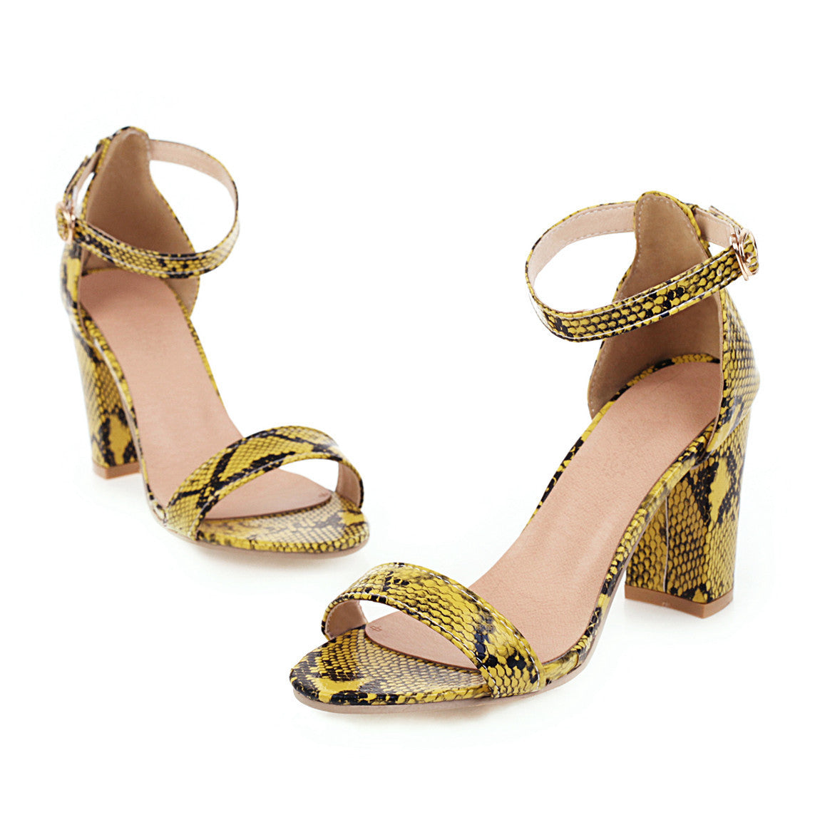Summer New Style Foreign Trade Fashion Thick Heel High Heel Women's Shoes 30-45 Size Buckle Snake Print Sandals