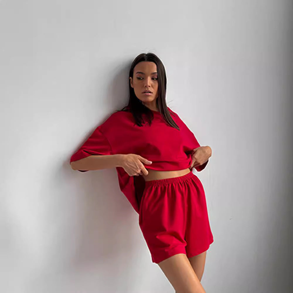 Casual Short-Sleeve Crew-Neck Top And Shorts Two-Piece Set