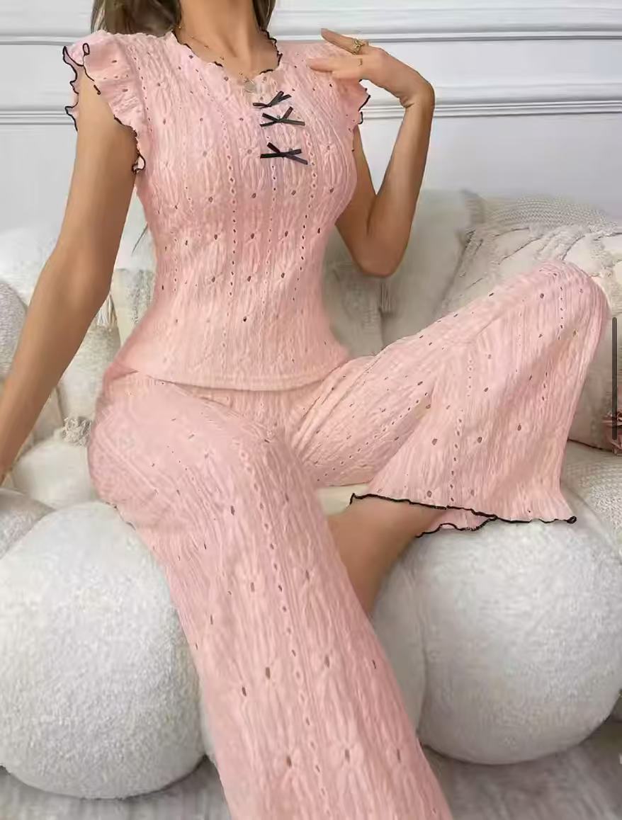 Womens Spring Summer Pajamas Luxe Lace-Trimmed Textured Floral Design Loungewear