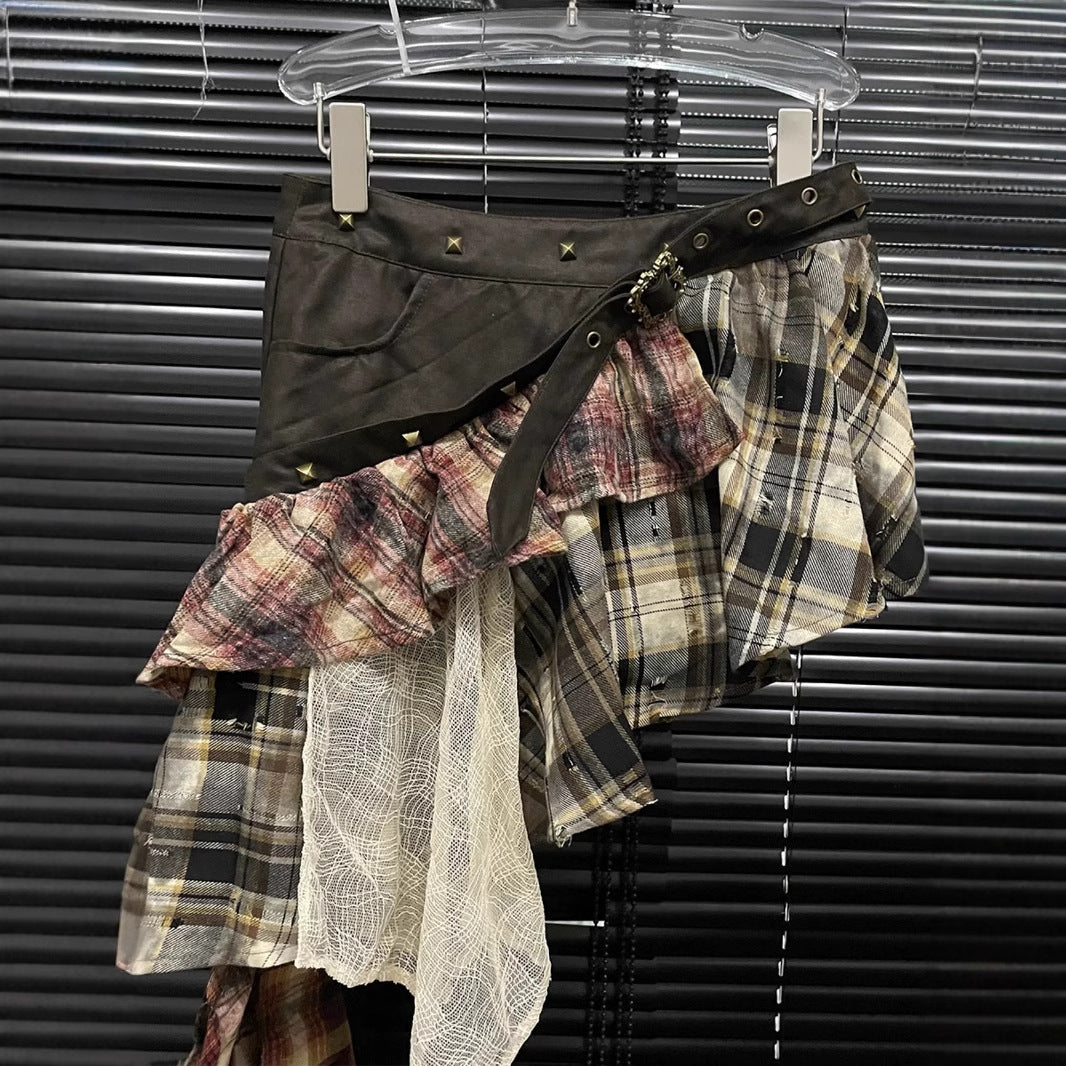 Stitching Tassel Plaid Skirt For Women Irregular Skirt