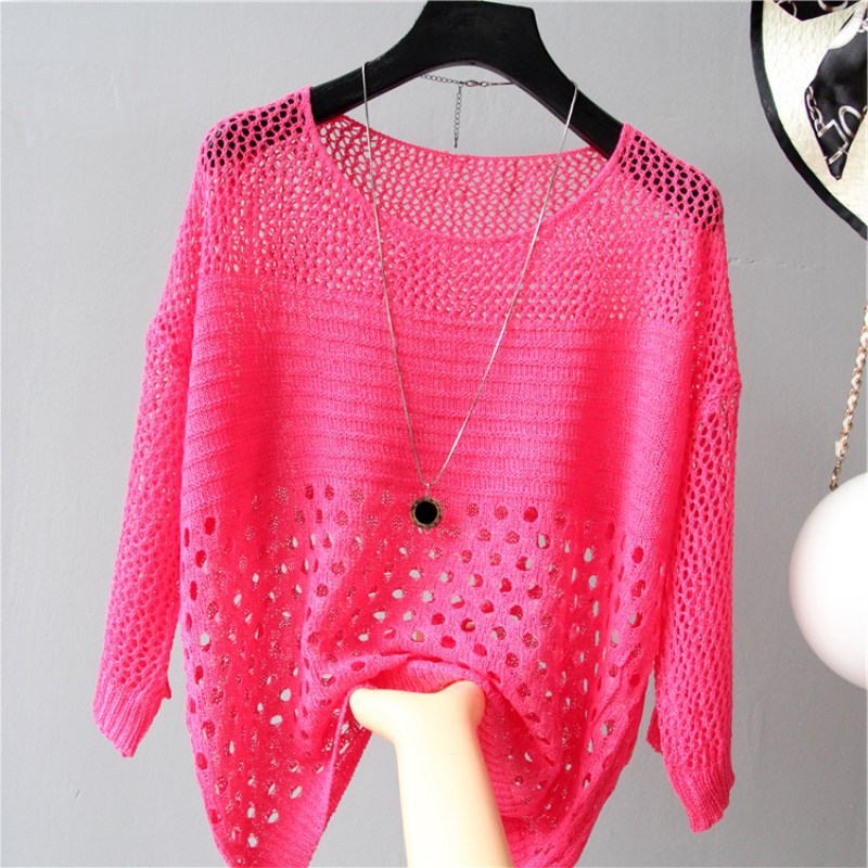 New Women's Loose Scoop Neck Thin Hollow Knit Blouse
