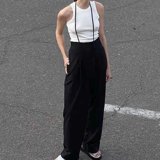 Women's Black Mopping Trousers Loose High Waist Drape