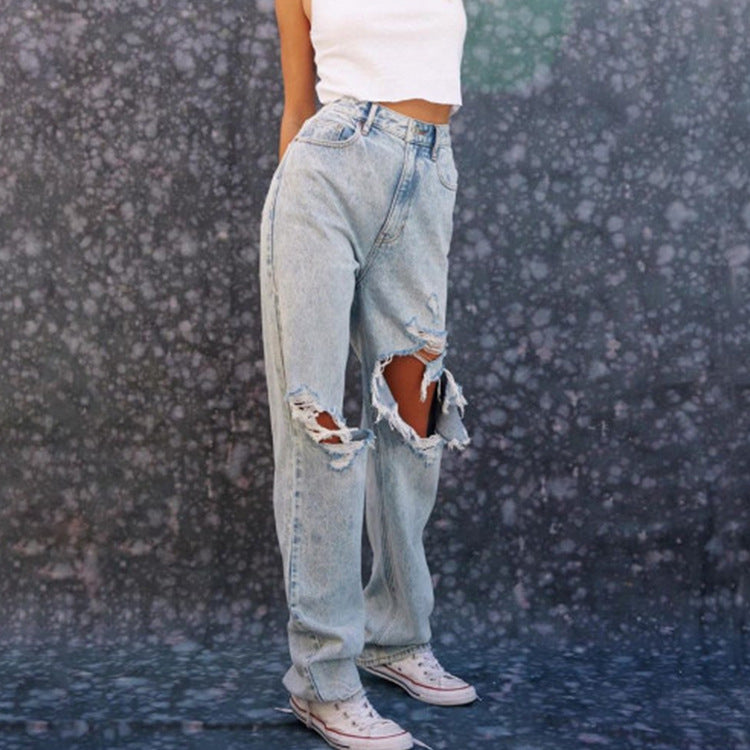European And American Ladies Jeans Ripped Holes Show Thin Denim
