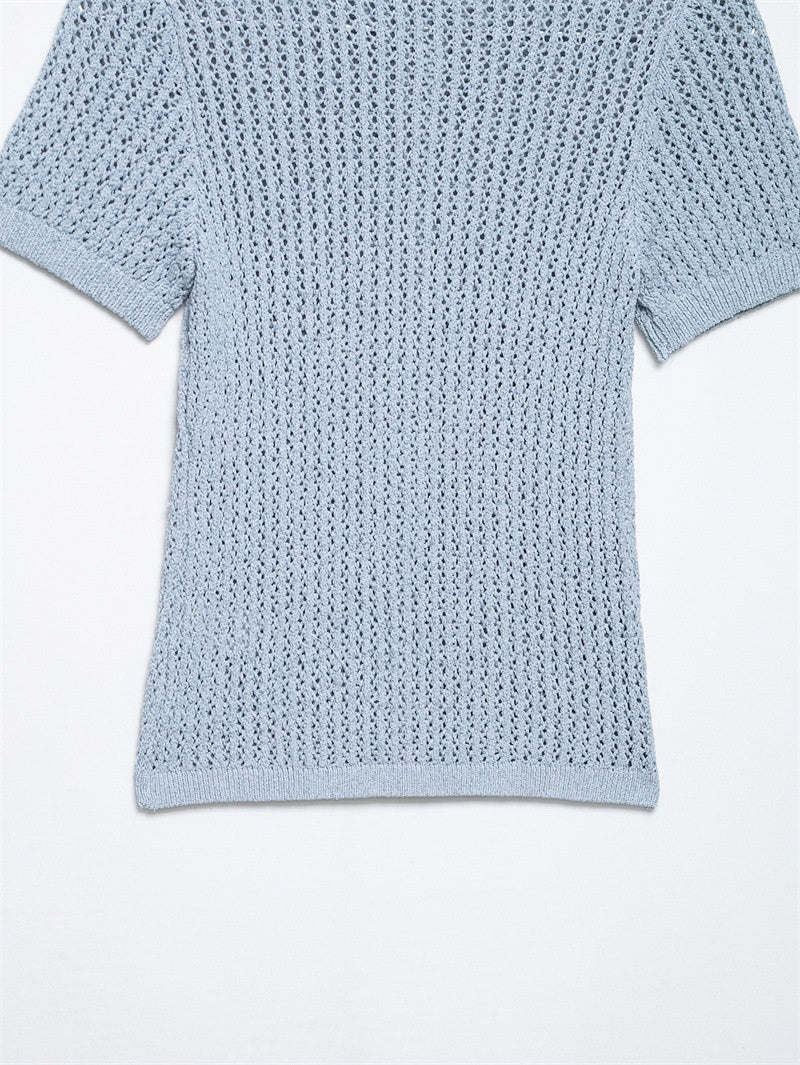 Solid Color Jacquard Mesh Knitted Top T-shirt