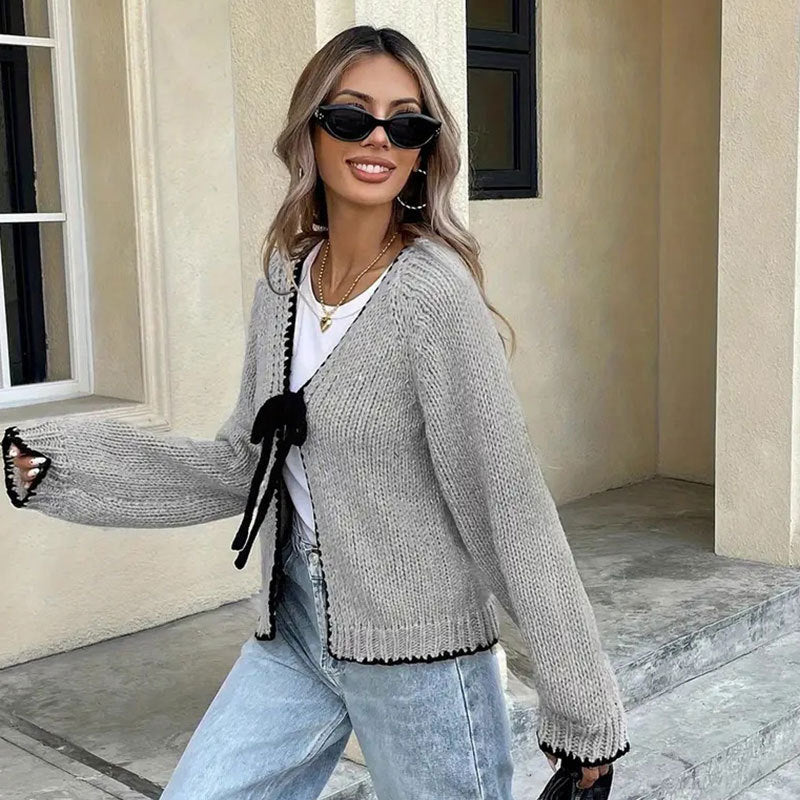 Long Sleeve Bowknot Lace-up Cardigan Coat Top