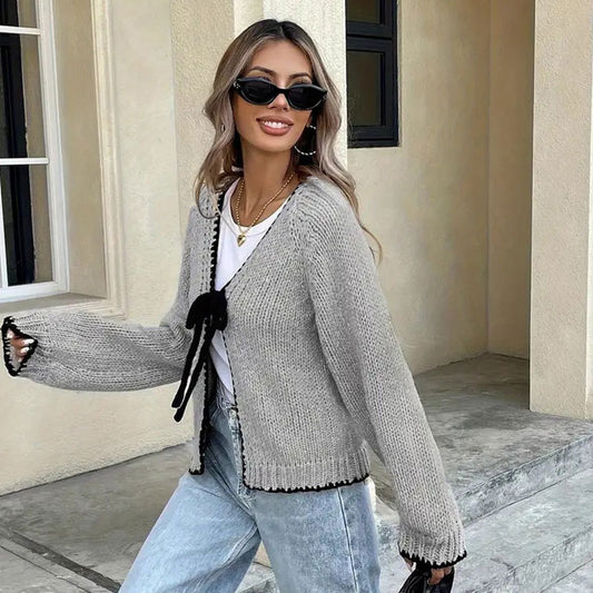 Long Sleeve Bowknot Lace-up Cardigan Coat Top