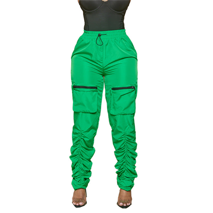 Pleating Pocket Zipper Casual Overalls