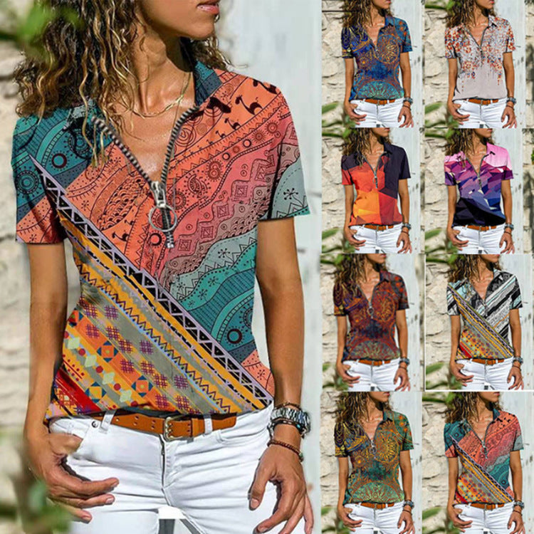 New Women's Boho Zip Short Sleeve T-Shirt
