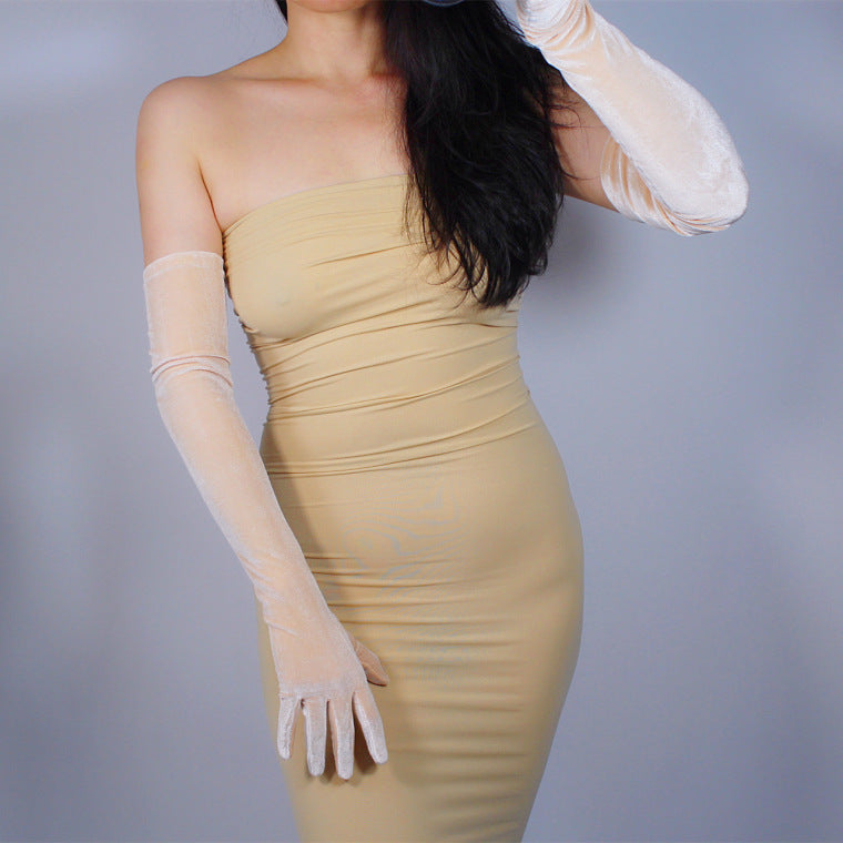 Black Velvet Gloves 60CM Extra Long Elbow Evening Dress High Elasticity