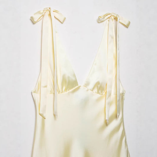 Womens Bow-Decorated Satin-Feel Dress